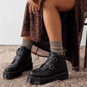 Dr. Martens Black Leather Platform Ankle Boots with Floral Buckle